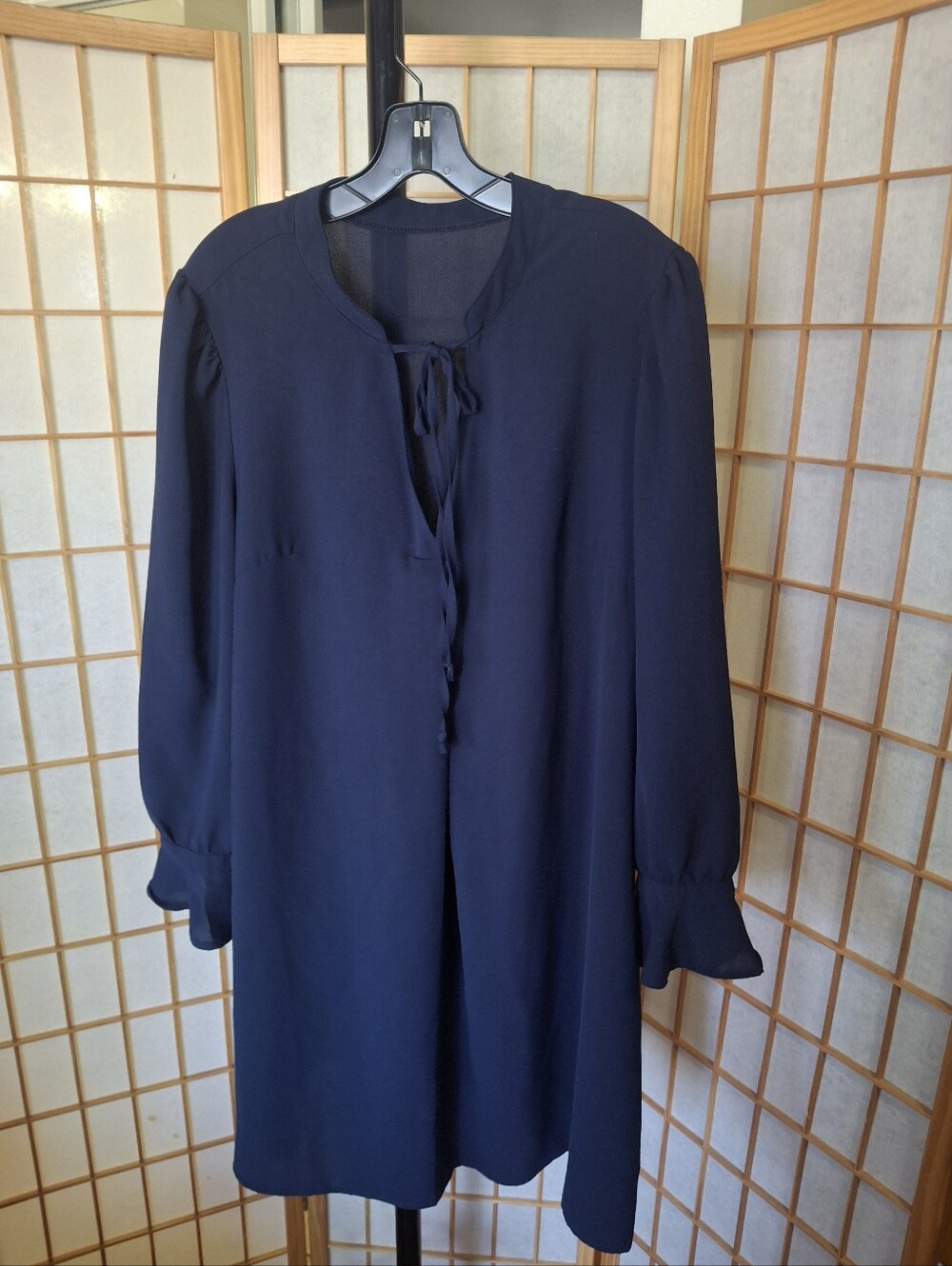 SHEIN Navy Blue Long Sleeve Mini Dress with Tie Neck